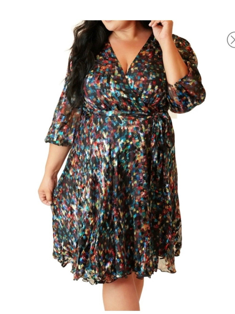 Plus-Size Multicolor Wrap Midi Dress with 3/4 Sleeves